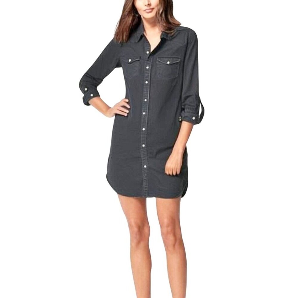 & Denim Black Dark Wash Denim Button Front Long Sleeve Shirt Dress Size 0/ XS‎